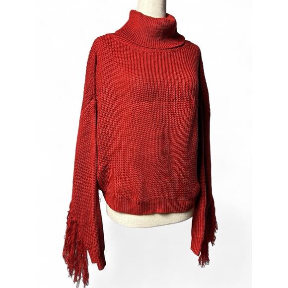 Red Fringe Turtleneck Cropped Ribbed Knit Sweater Sz L Western Cottage Cowgirl - Picture 3 of 7